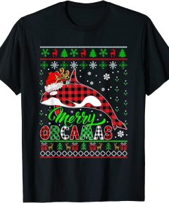 Merry Orcamas Xmas Sweater Red Plaid Santa Reindeer Orca T-Shirt