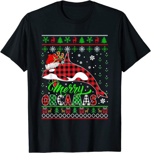 Merry Orcamas Xmas Sweater Red Plaid Santa Reindeer Orca T-Shirt