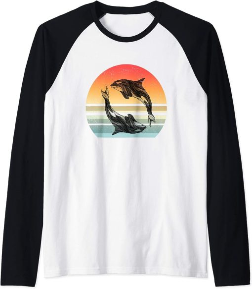 Retro Orca Killer Whale Shirt Whale Gifts for Women Men Raglan Baseball Tee