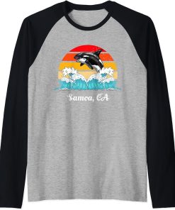 Vintage Samoa CA Distressed Orca Killer Whale Art Raglan Baseball Tee