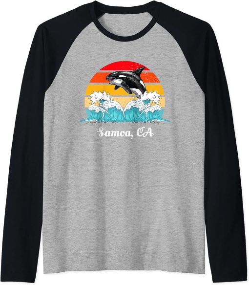 Vintage Samoa CA Distressed Orca Killer Whale Art Raglan Baseball Tee