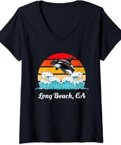 Womens Vintage Long Beach CA Distressed Orca Killer Whale Art V-Neck T-Shirt